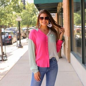Jess Lea XL NWOT block color mint green pink white gauzy hi/low  button down